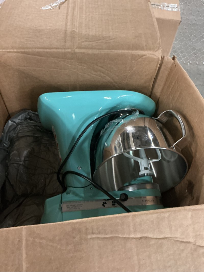 Condition photo showing As Is for kitchenaid artisan series 5 quart tilt head stand mixer with pouring shield ksm150ps, aqua sky