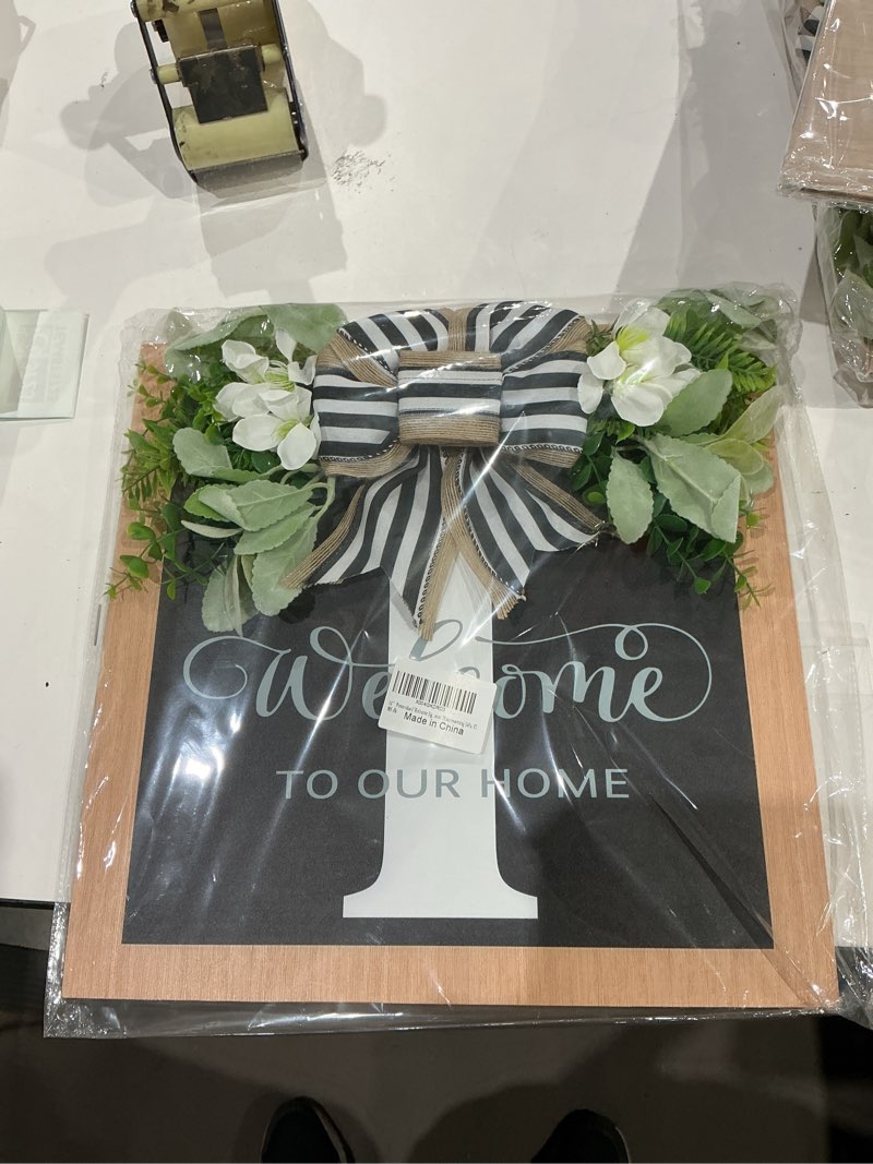 Condition photo showing New/Like New for 16” personalized welcome sign for front door, last name wreaths for front door, 26 initial front door decor, year round wreath, pine wooden home decor, housewarming gifts, (i)