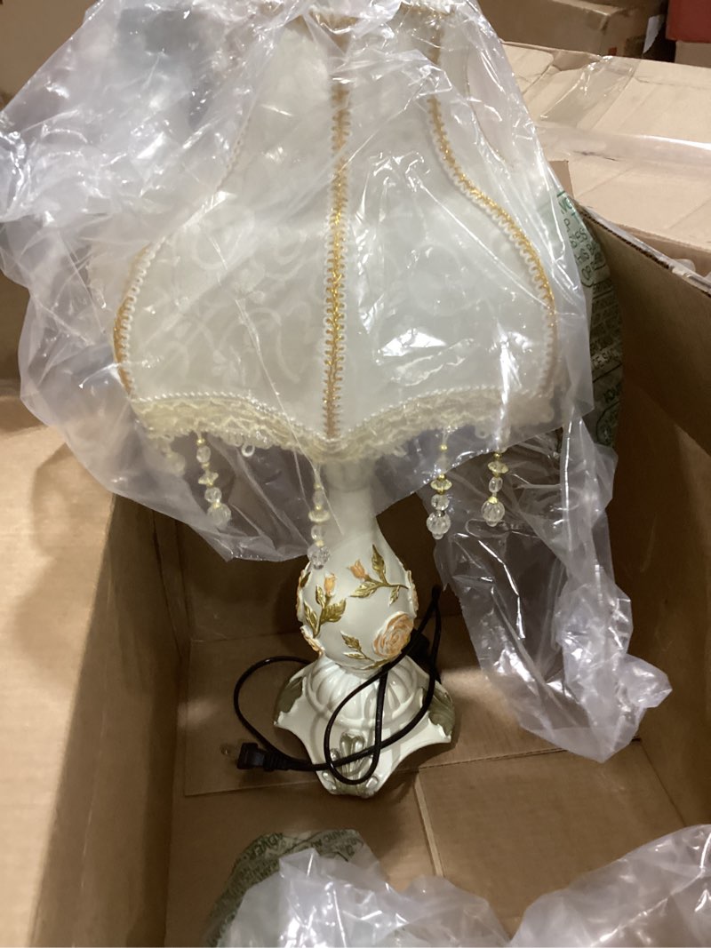 Condition photo showing Good Condition for white classical table lamp european resin desk lamp handmade fabric lampshade with antique flower decorative bedside night light for bedroom living room study room (d11.8*h19.6(a style) d11.8*h19.6"(a style?