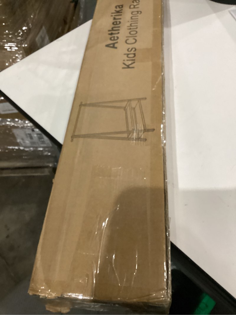 Condition photo showing New/Like New for Kids Clothing Rack with 2 Fabric Shelves, Foldable Child Garment Stand with Hanging Rod, Small Dress Up Organizer, Bamboo (Natural)