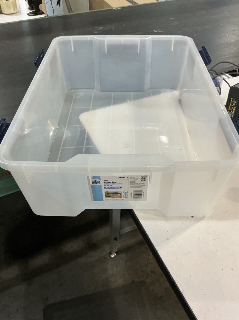 Condition photo showing As Is for project source medium 10.3-gallons (41.2-quart) blue weatherproof heavy duty tote with latching lid