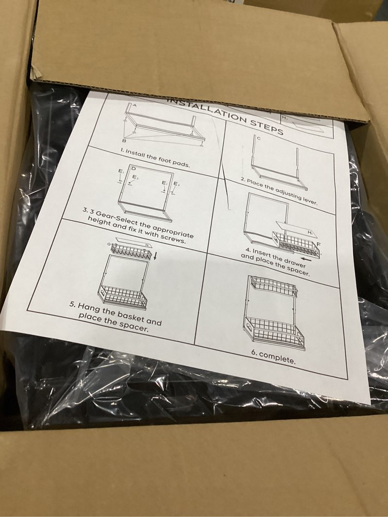 Condition photo showing Good Condition for Under Sink Organizer , 2 Pack Height Adjustable Cabinet Organizer with Slide Out Drawer, Pull Out Under Sink Storage, Multi-Purpose 2 Tier Sink Shelves for Kitchen Bathroom Pantry (Black, 2 Pack) Black 2 Pack