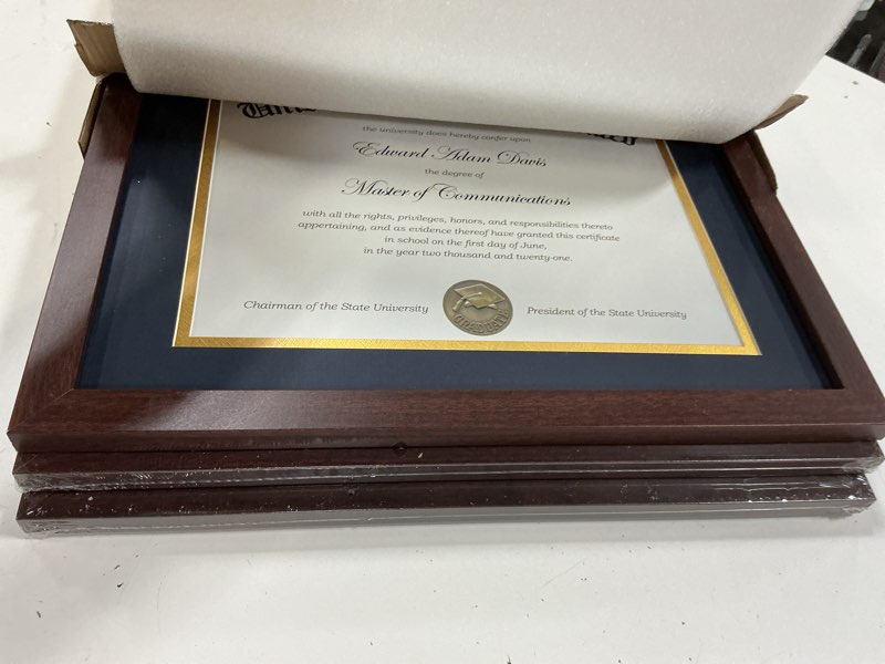 Condition photo showing Good Condition for upsimples 11x14 diploma frame certificate degree document frame with high definition glass, 8.5 x 11 with mat for wall and tabletop, mahogany blue double mat, 3 pack mahogany blue 3