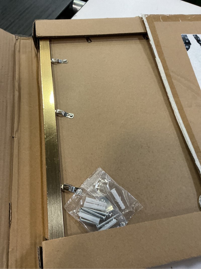 Condition photo showing As Is for 16x16 frame set of 2, gold wood style - display square 12 x 12 with mat or 16x16 without mat, wall mounting horizontal and vertical gold 16x16 in
