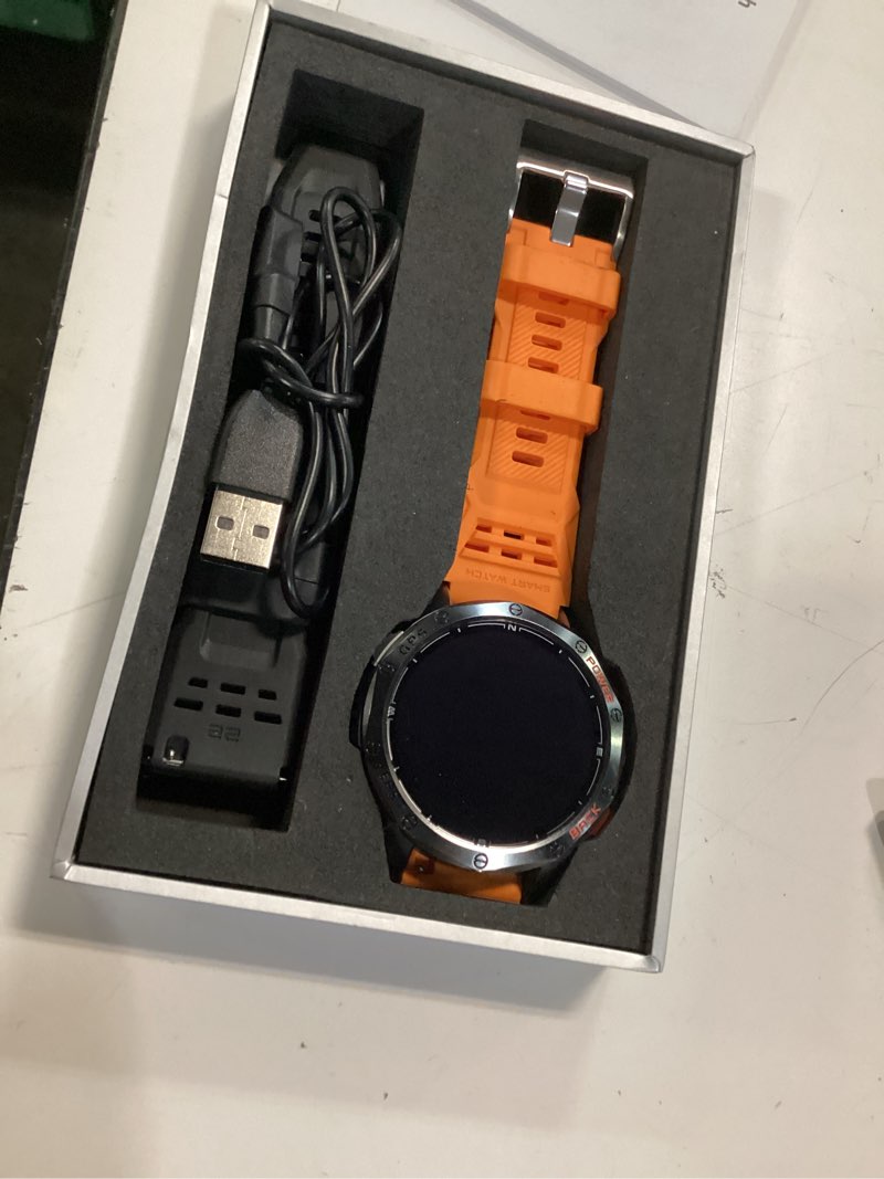 Condition photo showing Good Condition for military smart watches built-in gps, 170+ sport modes for men with flashlight, smartwatch for android phones and iphone, 1.43" amoled screen bluetooth call compass altimeter (black & orange (2 bands))