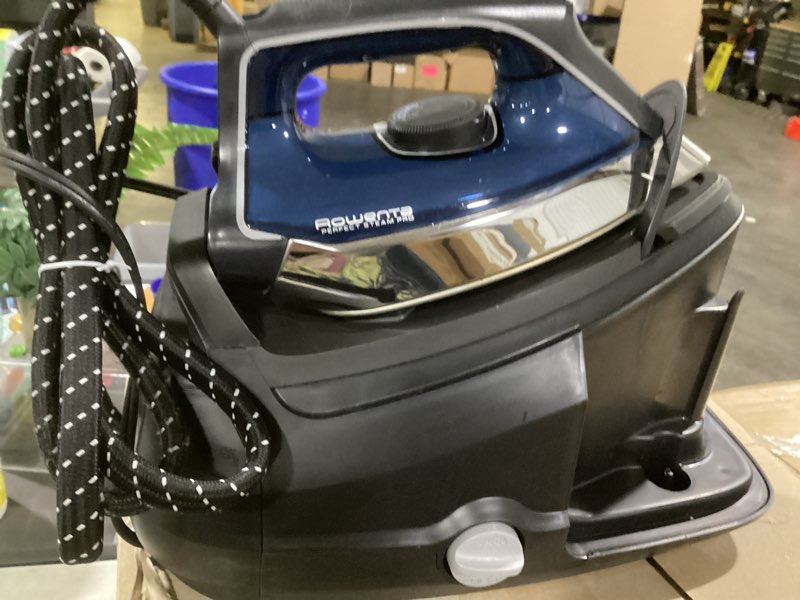 Condition photo showing As Is for rowenta steam station, stainless steel soleplate, professional iron steamer for clothes, 1.1l removable tank, fast heat up, 1800 watts, blue clothes iron, dg8624 xl steaming sessions - high pressure steam