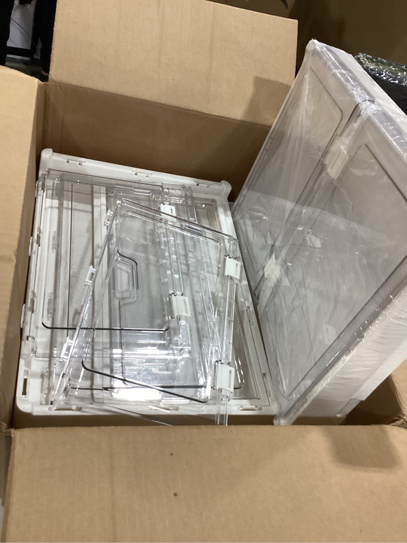 Condition photo showing As Is for Kmiectse Clear Storage Bin with Lid 3 Pack ?Stackable & Sturdy? Plastic Multifunctional Folding Stor