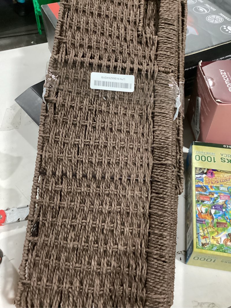 Condition photo showing As Is for UBBCARE 2 Pack Wicker Basket, 13.4L×8.3H×7.1W inch Woven Paper Rope Storage Baskets for shelves, Foldable Rectangular Storage Baskets with Handle, Storage Basket for Organizing, Dark Brown Dark Brown 2pack Medium
