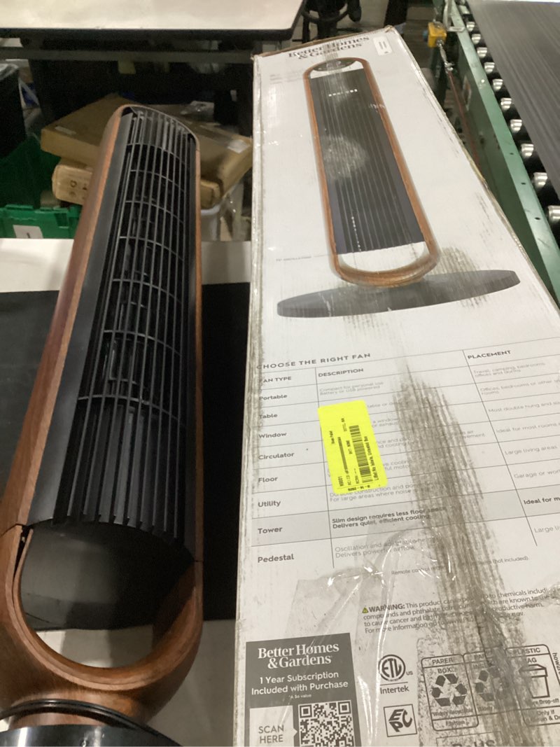 Condition photo showing As Is for (missing remote control) better homes & gardens 40'' 5-speed oscillating tower fan with remote control, 3 wind modes, 12h timer, walnut & black