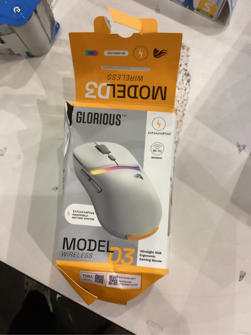 Condition photo showing As Is for Glorious Gaming Model D3 Wireless Gaming Mouse - InfinitePlay Swappable Battery, 130H Battery Life, 8k Polling, 130M Optical Switches, Ultralight 69g, 30K DPI Optical Sensor, RGB - White White Model D3 (Ergonomic)