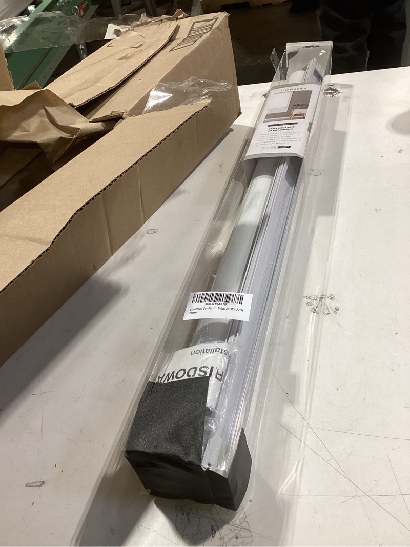 Condition photo showing Good Condition for ChrisDowa Cordless 100% Blackout Roller Shade, with Striped Jacquard, Thermal Insulated, UV Protection Fabric, Total Blackout Blinds for Window, French Doors, Home and Office. Beige, 26" W x 72" H 26"W x 72"H Beige