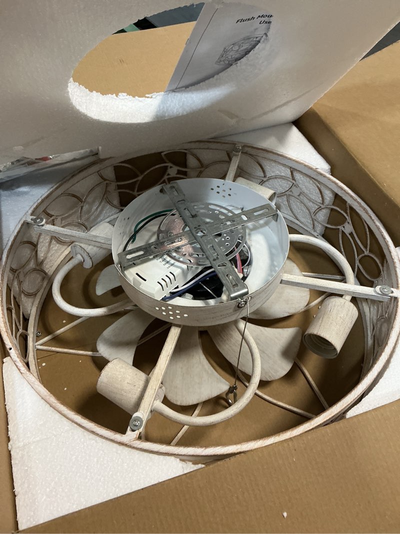 Condition photo showing As Is for LEDIARY Caged Ceiling Fans with Lights, White Flush Mount Ceiling Fan with Remote&App, Small Low Profile Bladeless Ceiling Fan Light Fixture for Bedroom, Kitchen, Dining Room-White Gold Color White Gold Medium