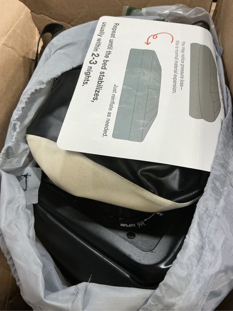 Condition photo showing As Is for queen air mattress with built-in pump, 18" raised comfort, 48hr leak-proof test, upgraded honeycomb pillar design, supports 800 lbs, 3-min inflation-inflatable bed for home guests & camping