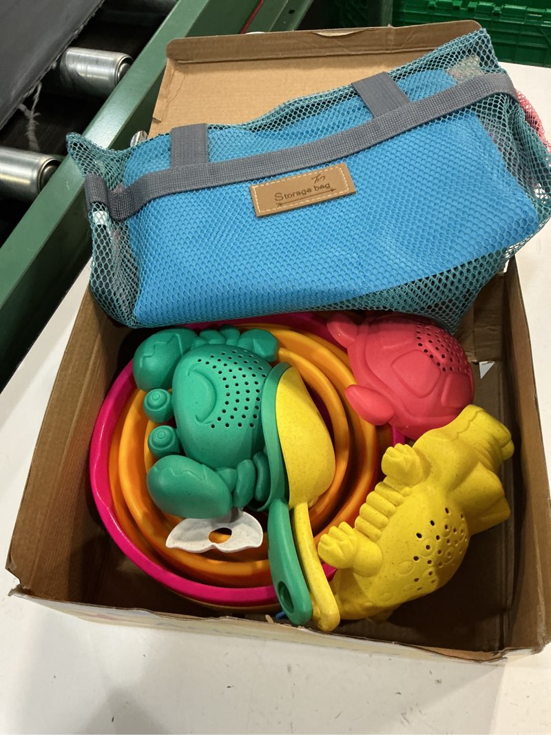 Condition photo showing Good Condition for collapsible beach toys for kids toddlers, collapsible sand buckets shovels set with mesh bags and sand molds, foldable travel sand toys for beach sandbox toys for kids