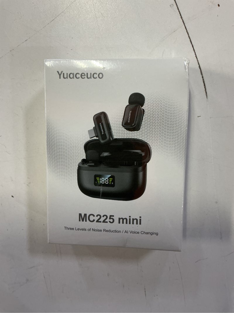 Condition photo showing New/Like New for mini wireless microphone for iphone android tablets, lapel mic with noise reduction, 30h charging case, 3 voice changer, plug & play mini mic for iphone vlogging, video recording, podcast black1 type-c charging adapter