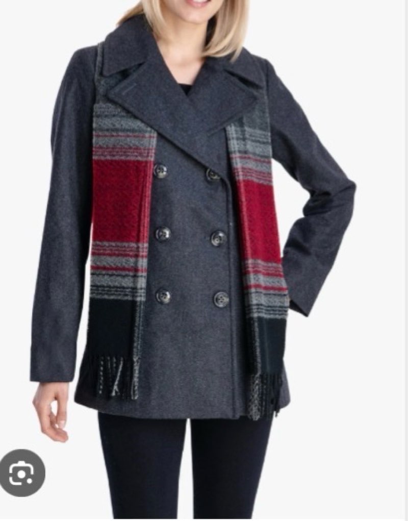 LONDON FOG Women's Plus-Size Double Breasted Peacoat with Scarf, Charcoal, Size 1X