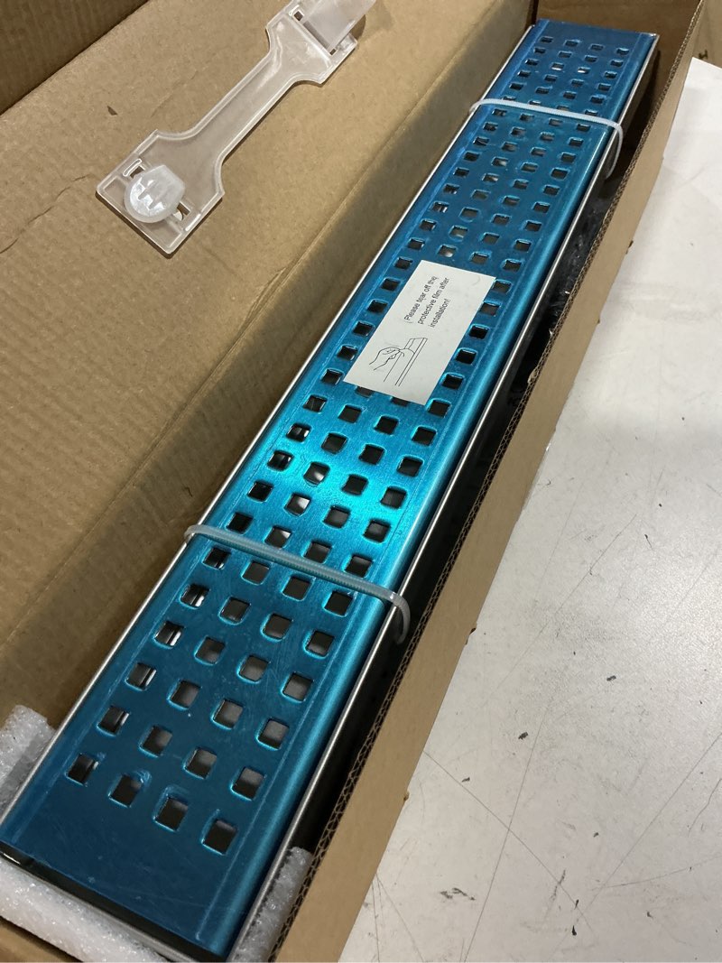 Condition photo showing Good Condition for 18-inch brushed nickel linear shower drain, 304 stainless steel long linear drain with quadrato pattern grate, rectangle shower floor drain with adjustable feet, hair strainer, fits bathroom, balcony brushed nickel 18 inch