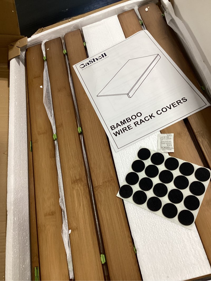 Condition photo showing Good Condition for gashell wire shelf covers, bamboo wire rack covers for pantry, closet (5pcs, 26" w x 16" d)