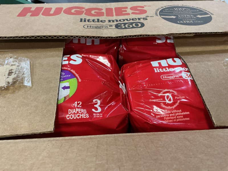 Condition photo showing New/Like New for huggies size 3 baby diapers, little movers huggfit 360° baby diapers with 360° waistband, size 3 (16-28 lbs), 168 count (3 packs of 56), packaging may vary size 3 168