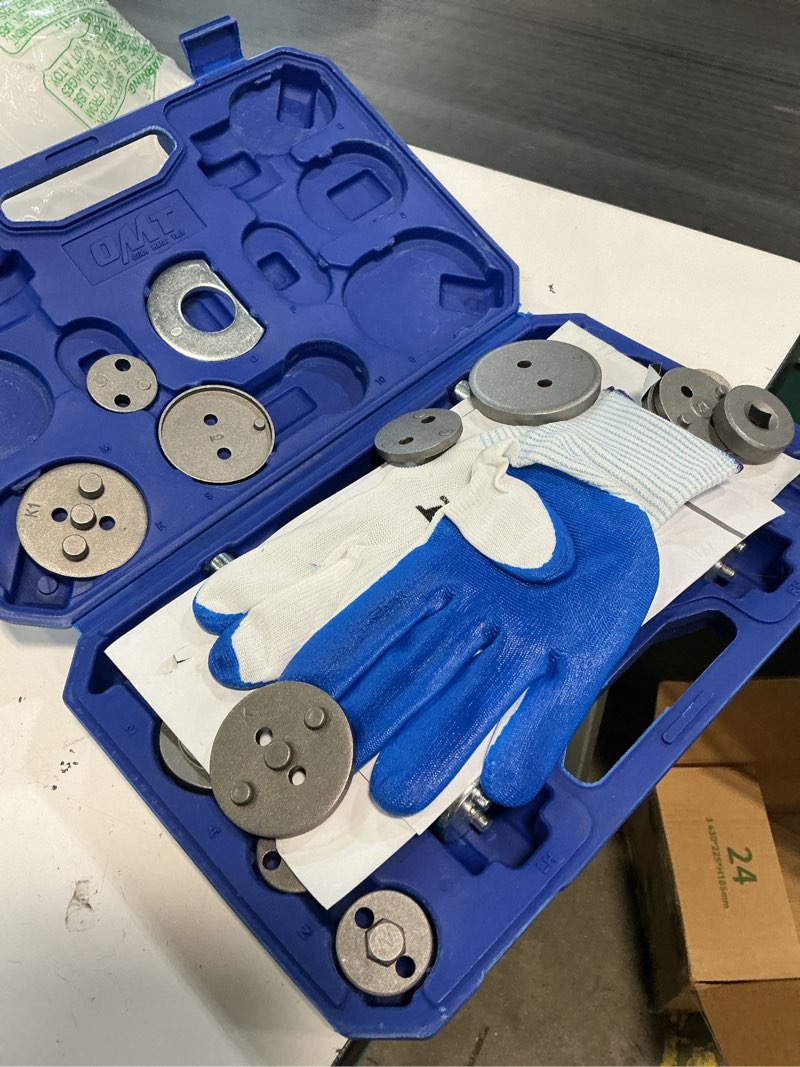 Condition photo showing As Is for orion motor tech 24pc brake caliper compression tool set, heavy duty brake piston compressor tool and wind back tool kit for brake pad replacement, universal disc brake caliper tool set with blue case