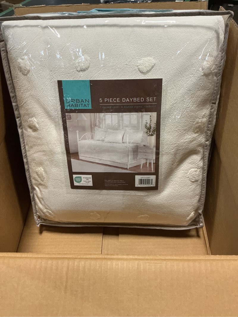Condition photo showing New/Like New for urban habitat brooklyn cotton daybed cover - jacquard tufted chenille with quilted reverse, all season bedding with bedskirt, matching shams, decorative pillow, ivory 39"x75" 5 piece