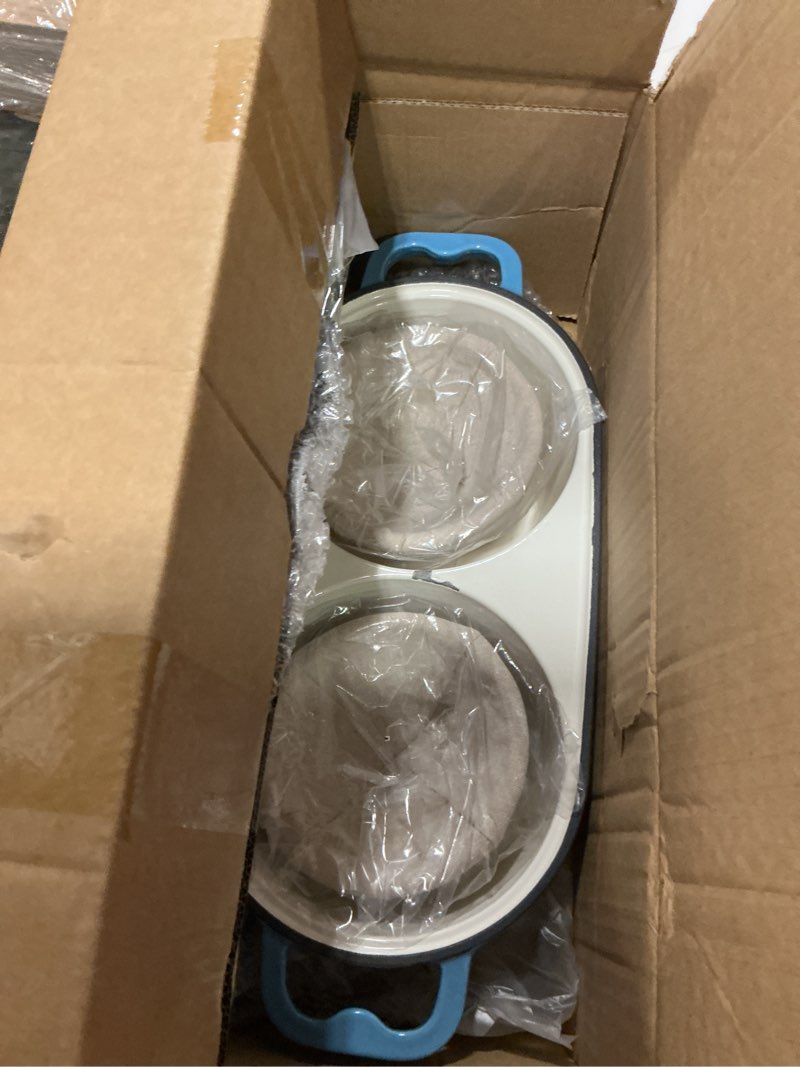 Condition photo showing Good Condition for diy double dutch oven for sourdough bread baking – enamel cast iron bread baker with lid, bake two different loaves at once, 500°f oven safe, includes 2×5" banneton proofing baskets blue