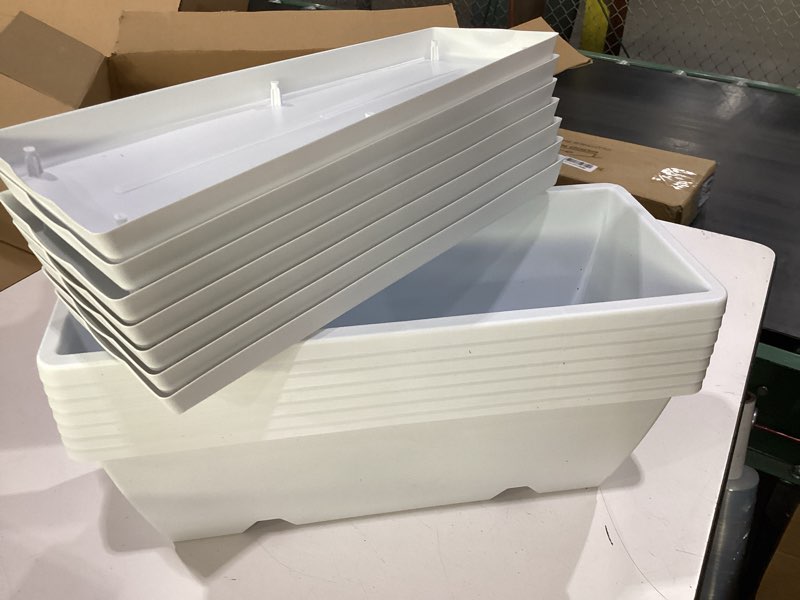 Condition photo showing New/Like New for chukemaoyi window box planter, 7 pack plastic vegetable flower planters boxes 17 inches rectangular flower pots with saucers for indoor outdoor garden, patio, home decor (white) white 16.6 x 7 x 5.9 inches