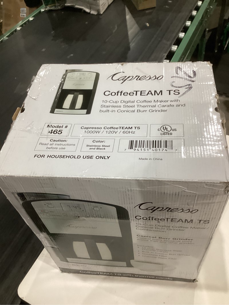 Condition photo showing As Is for Capresso 465 CoffeeTeam TS 10-Cup Digital Coffeemaker with Conical Burr Grinder and Thermal Carafe Stainless Steel Carafe Coffeemaker