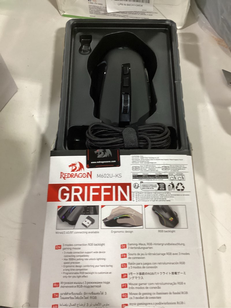 Condition photo showing New/Like New for **NO USB**Redragon M602 Griffin RGB Gaming Mouse, RGB Spectrum Backlit Ergonomic Mouse with 7 Programmable Backlight Modes up to 8000 DPI for Windows PC Gamers (Black, Wireless) M602-KS Black