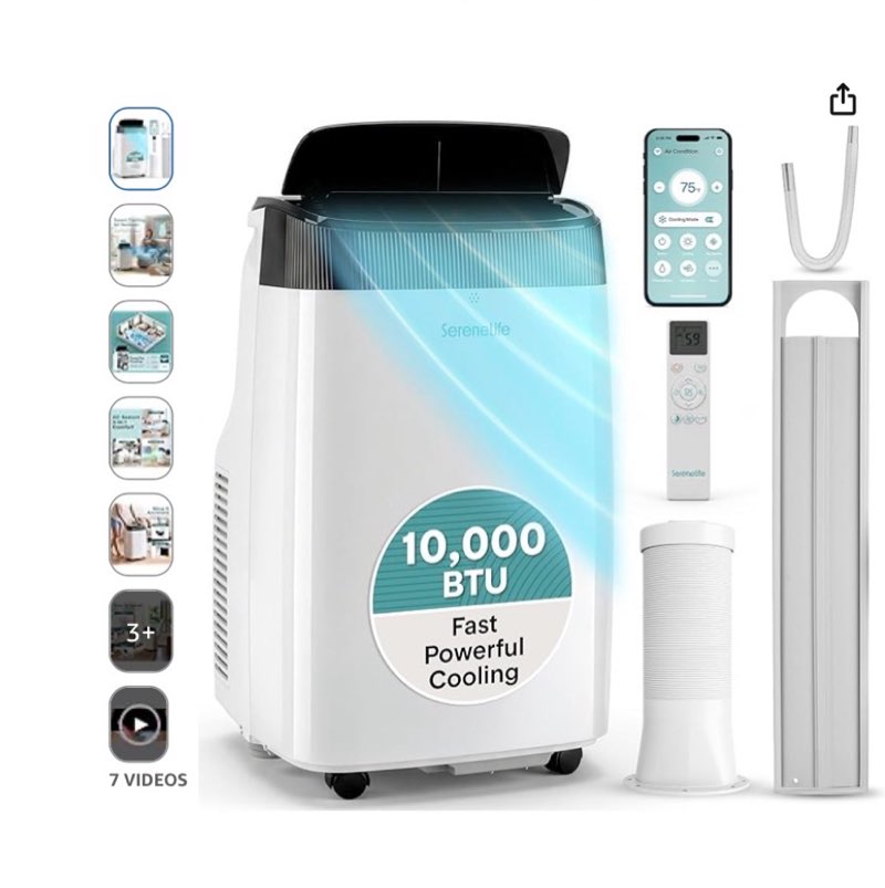serenelife portable air conditioner 10000 btu with wifi | 3-in-1 cooling, fan and dehumidifier | 24-h timer up to 450 sq ft coverage | ac unit for bedroom, home & office | window kit & remote