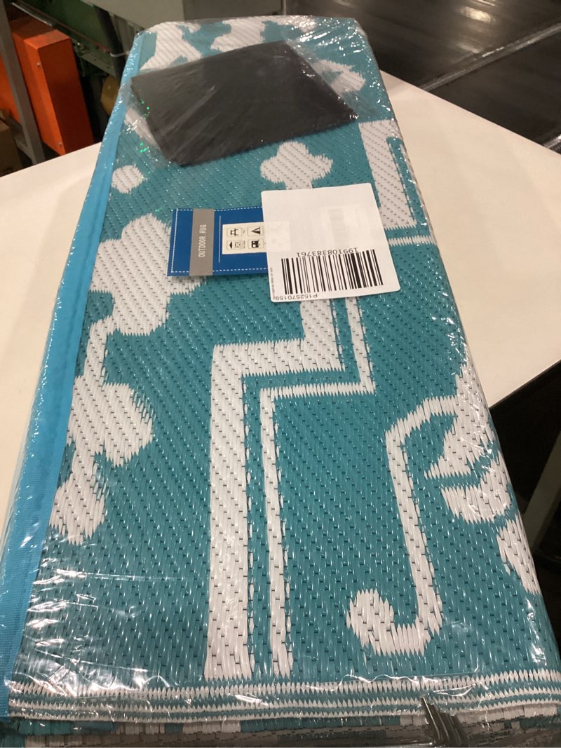 Condition photo showing Good Condition for 9x18 large outdoor rug for patio rugs waterproof, reversible plastic straw rug medallion pattern, vintage camping rug, foldable lightness carpet for rv, porch, deck, backyard, balcony (blue) light blue/white 9' x 18' (rectangular)