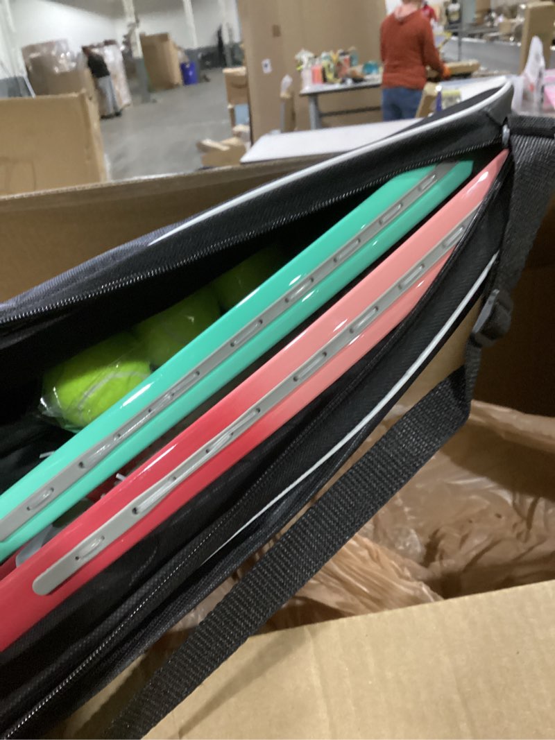 Condition photo showing As Is for hiraliy tennis rackets 2 pack for adults beginners - 27 inch lightweight aluminum tennis racquet set with 3 balls & carry bag - vibration dampening & large sweet spot for men women couples pink/green