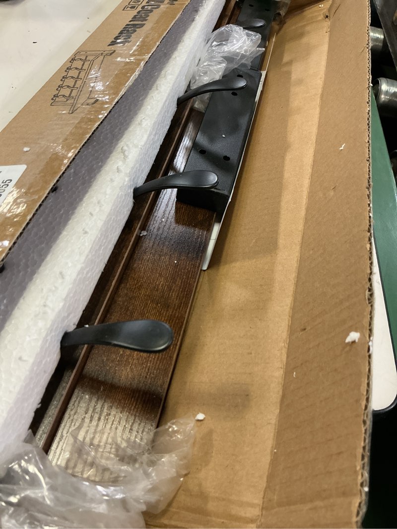 Condition photo showing Good Condition for homode rustic brown wall mount coat rack with shelf and 5 tri hooks, wood coat hangers for hanging hat, towel, purse, jacket