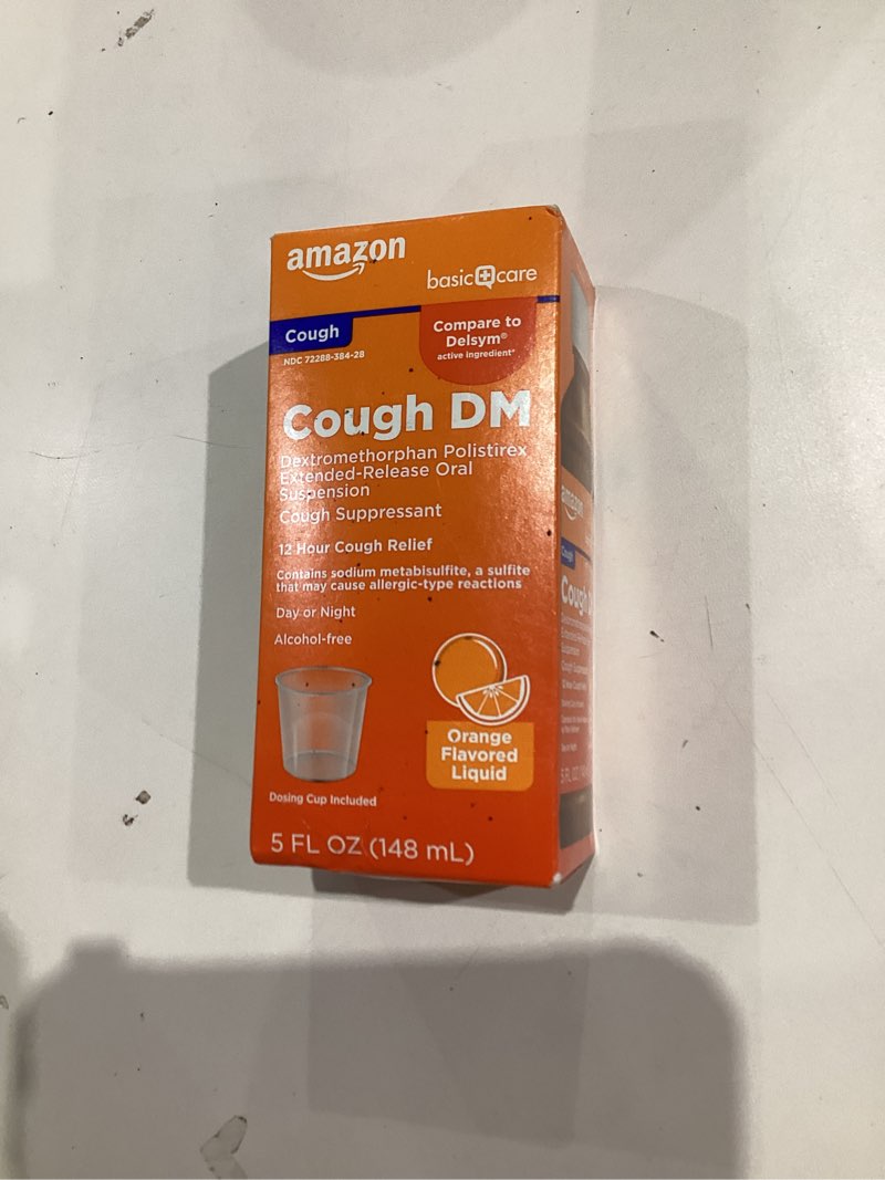 Condition photo showing New/Like New for Amazon Basic Care 12 Hour Cough DM Syrup, Extended-Release Dextromethorphan, Orange Flavor Liquid Medicine, 5 fl oz (Pack of 1) Orange 5 Fl Oz (Pack of 1)