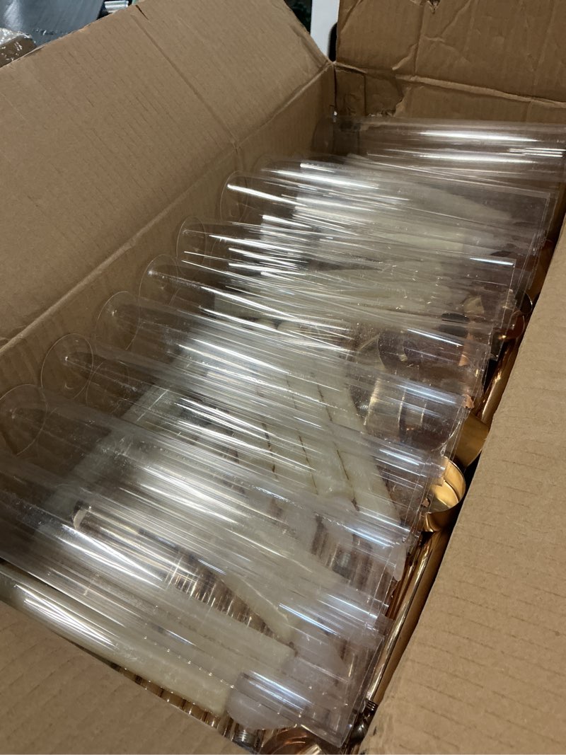 Condition photo showing As Is for Tandefio 4 Set 5 Arm Gold Candelabra Centerpieces for Table, 35'' Tall Wedding Metal Candlestick Floor Holder Acrylic Clear Lampshades with 20 LED Candles for Wedding Party Event Table Fireplace Decor