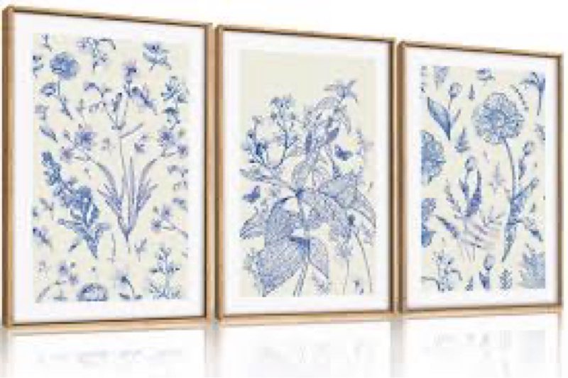 Celestdeco Classic Chinoiserie Floral Framed Canvas Wall Art Set, Blue and White Flower Wall Decor, 