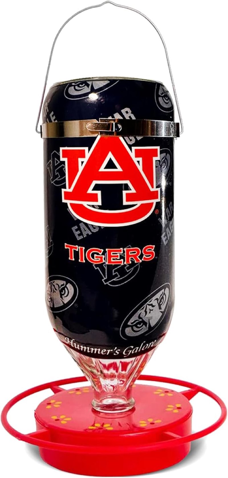 Hummer's Galore, NCAA College Football Hummingbird Feeder, Glass Hummingbird Feeder with UV Resistant Plastic Wrap for Outdoors Hanging, 32 oz, (Auburn Tigers)
