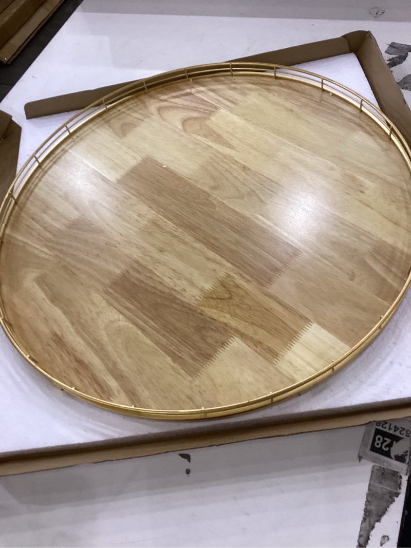 Condition photo showing Good Condition for 21-Inch Wooden Lazy Susan Turntable – Premium Oak & Iron, Extra Large Rotating Serving Tray for Dining Table, Kitchen Countertop, Farmhouse Décor, Spice Rack, Charcuterie & Entertaining Natural Oak 21
