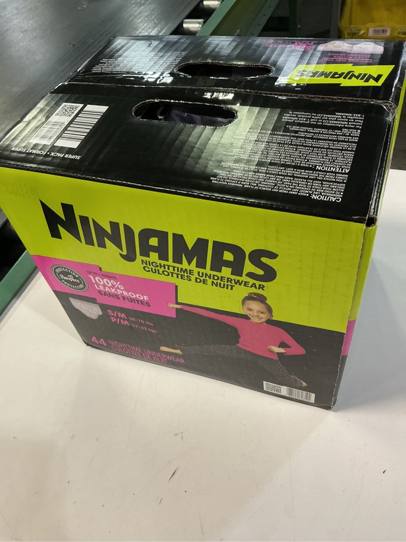 Condition photo showing New/Like New for ninjamas girls bedwetting nighttime underwear, size s/m (38-70 lbs), 44 count, overnight protection, ultra absorbent, hypoallergenic small/medium 44