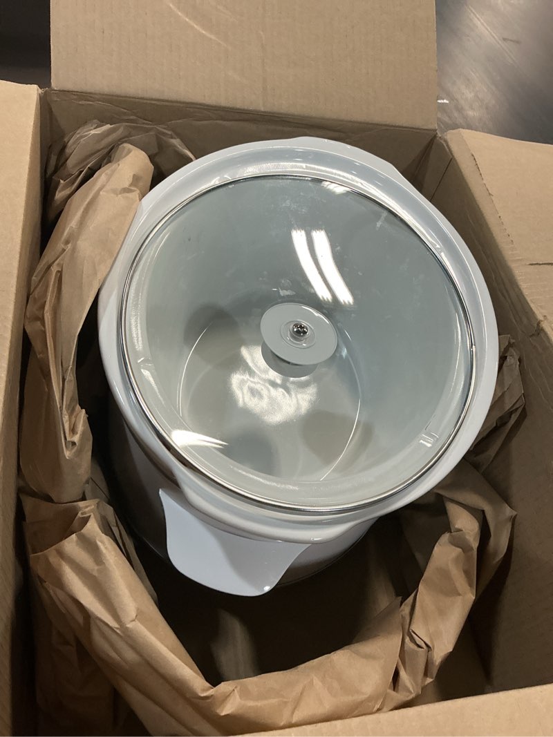 Condition photo showing As Is for paris hilton 6-quart manual slow cooker, features three settings (low, high, warm), naturally nonstick and dishwasher safe stoneware insert, family sized capacity, white 6 quarts white