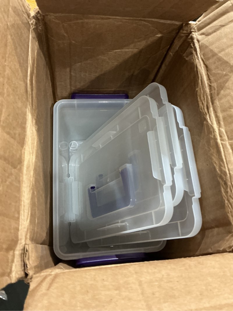 Condition photo showing Good Condition for iris usa 5 qt. plastic craft storage container bins with lids, 6 pack, small art & office supply organizer tote, sensory bins & boxes for home & university, stackable, carry handle, clear stack & carry 5 qt. - 6 pack clear