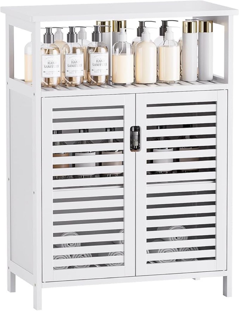 HITNET Bathroom Floor Storage Cabinet, Freestanding Bamboo Side Storage Organizer with Double Doors and Open Shelves, Space Saving Small Kitchen Cupboard, White