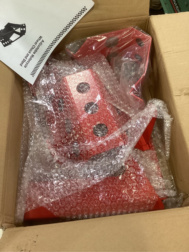 Condition photo showing Good Condition for motorcycle wheel chock, motorcycle stand up to 1800 lbs, wide range less than 6 inch, 12 holes support adjustable front tire stand chocks for most motorcycle