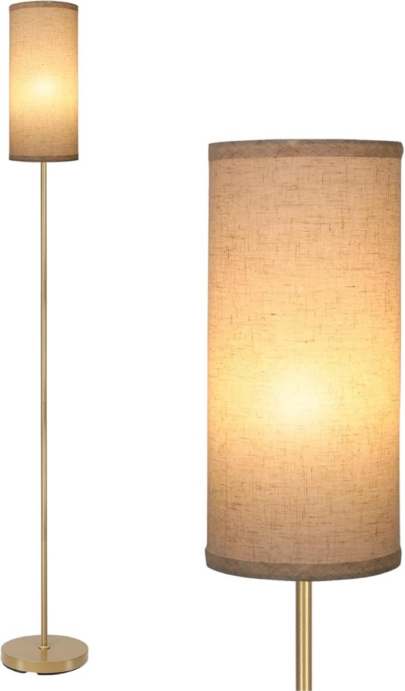 boostarea floor lamp for living room with 3 color temperatures bulb, industrial floor lamps, gold classic tall lamp for office, standing lamps for bedroom, kids room, reading(9w led bulb, linen shade)