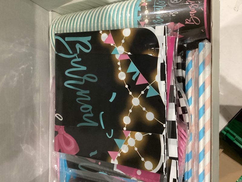 Condition photo showing New/Like New for Burnouts or Bows Gender Reveal Decorations Tableware, Boy or Girl Gender Reveal Party Supplies, Plate, Cup, Napkin, Cutlery, Tablecloth, Race Car vs Bows Baby Shower Decorations, Serves 24