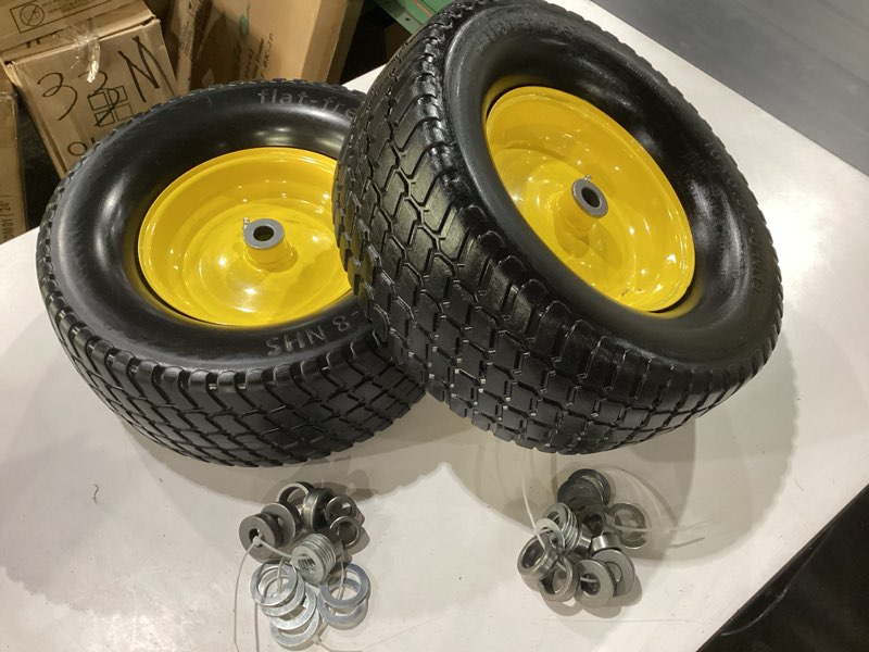 Condition photo showing New/Like New for ar-pro (2-pack) 16x6.50-8 tire and wheel assembly, 4-ply pneumatic lawn mower tires with inner tube, 3" centered hub, 3/4" & 1" bushings, v-turf tread for riding lawn mowers & garden tractors 16 x 6.50-8" pneumatic (centered hub) yellow
