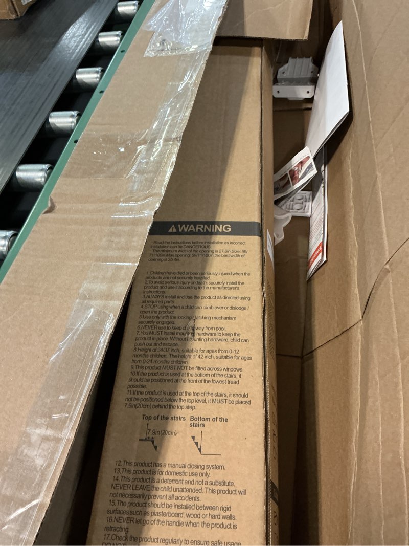 Condition photo showing As Is for 71 inch retractable baby gates 34 inch tall, retractable gate with reinforced strip design to prevent crawling through, 6 ft retractable dog gate for stairs, doorways, hallways, indoor/outdoor white 34" tall x 71" wide