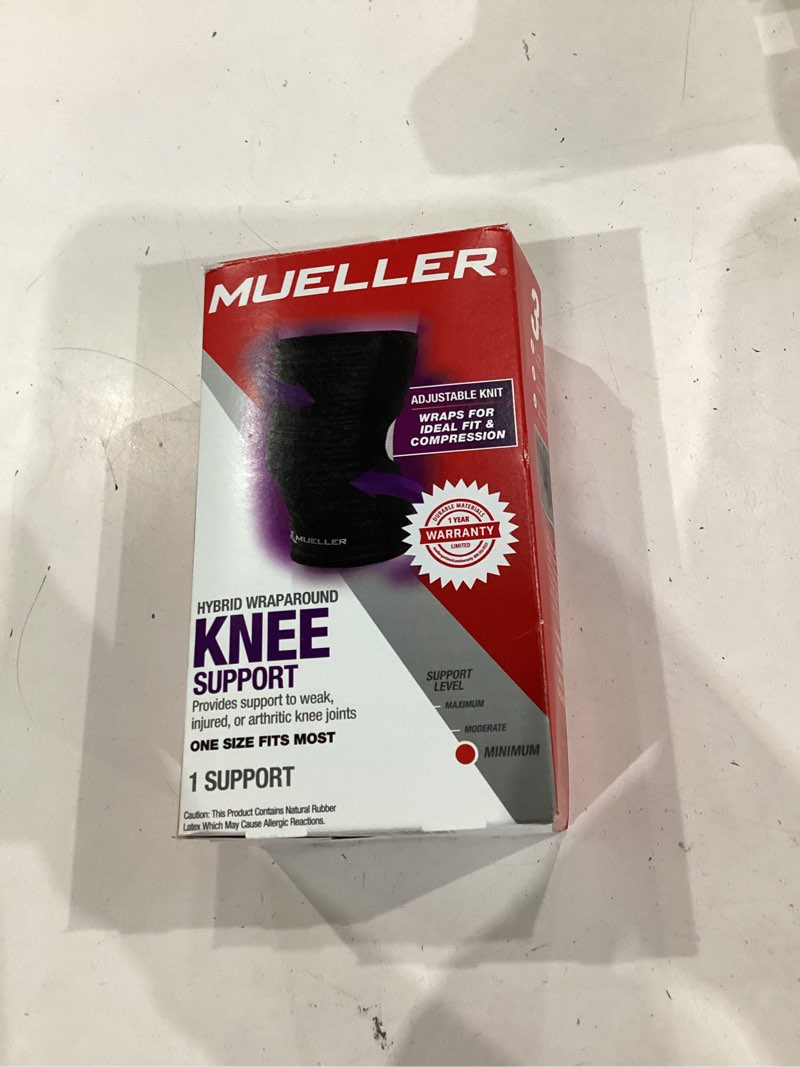 Condition photo showing As Is for mueller hybrid w-latex knee & leg brace, lightweight, breathable, one size