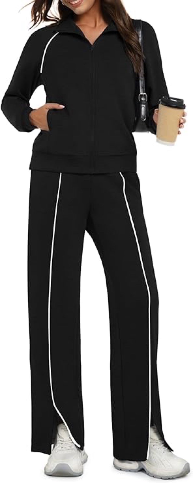 Casly Lamiit Womens 2 Piece Outfits 2025 Fall Casual Zip Up Sweatsuits Lounge Set Travel Wide Leg Pants Striped Tracksuit