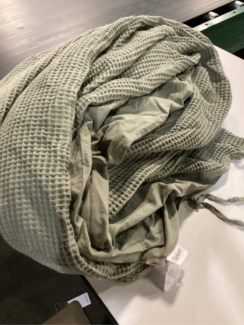Condition photo showing As Is for organic waffle duvet cover color: dried sage zise 88x92